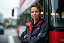Smiling Portrait Of A Young Female Caucasian Bus Driver Working In The City Driving Buses