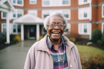 Portrait of a senior african american woman standing outside of her nursing home and looking at the camera