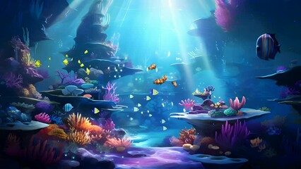 Wall Mural - Enchanting Underwater Oasis, A Futuristic Coral Reef Symphony. Seamless looping 4K time-lapse virtual video animation background.. Generative AI