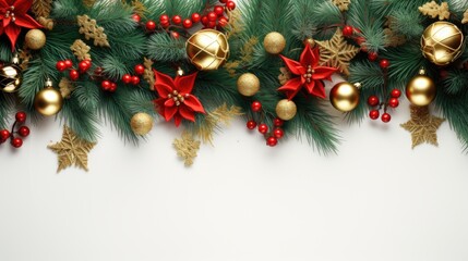 Festive Christmas garland, isolated on white background. Fir green branches are decorated with gold stars, fir cones and red berries. Christmas decor.