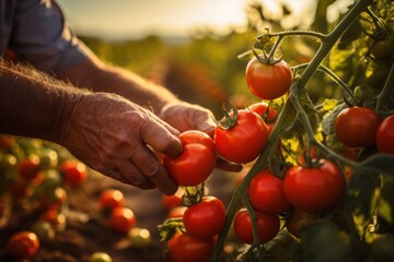 Farmers harvest tomatoes in a tomato plantation garden.