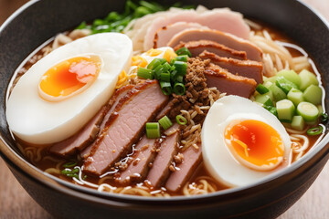 Homemade ramen soup with meat, seaweed and egg pieces, a savory Asian curry dish