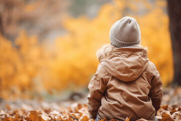 Wall Mural - Back view of a young girl kid sitting in an autumn park