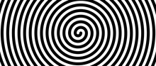 Hypnotic Spirals Background. Radial Optical Illusion. Black And White Swirl Tunnel Wallpaper. Spinning Concentric Circles. Vortex Design For Poster, Banner, Flyer. Vector Horizontal Illustration