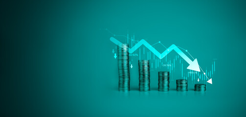 Economic collapse concept, falling financial graph chart due to global recession. Stock market crash, inflation, financial crisis, Falling income in GDP, capital reduction, loss of market confidence