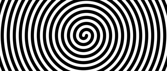 Poster - Hypnotic spirals background. Radial optical illusion. Black and white swirl tunnel wallpaper. Spinning concentric circles. Vortex design for poster, banner, flyer. Vector horizontal illustration