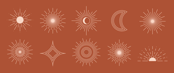 Poster - Boho style linear stars and twinkles collection. Terracotta starbursts design elements. Bohemian decorative ornamental shapes set for badge, icon, card, poster, banner, emblem, label. Vector pack