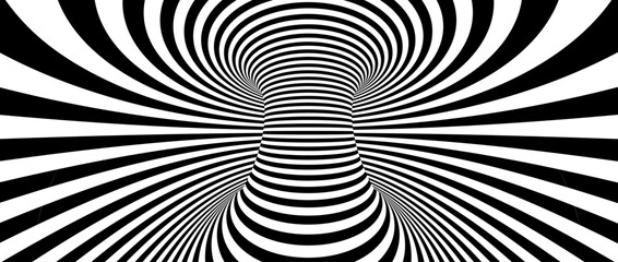 Poster - Optical illusion background. Hypnotic spinning lines. Black and white tunnel wallpaper. Psychedelic twisted stripes pattern. Rotating spiral knot template for poster, banner, cover, flyer. Vector