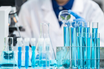 Wall Mural - laboratory glassware equipment for medicals science chemistry research, blue liquid in scientific gl