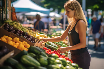 Mature woman shopping for organic fresh produce at local farmers market, senior woman buying various natural farm products at farmers market