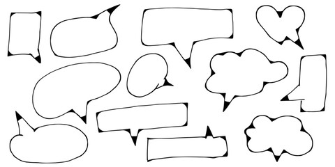 Poster - Hand drawn speech bubbles sketch elements on set. doodle style. isolated on white background. vector illustration