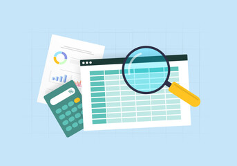 Poster - Professional Accounting and Finance Audit. Calculating Budget, Profit, Loss, Generating Reports and Graphs. Business Accountants with Tools. Vector isolated illustration on blue background with icons