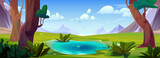 Fototapeta Łazienka - Forest lake and mountain nature vector landscape background. Green meadow with grass in park. Cloud in sunny blue sky. Beautiful peaceful summer valley wilderness environment panorama backdrop