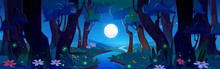 Night Forest River With Full Moon And Firefly Cartoon Nature Landscape Background. Stream Water Scenery In Magic Valley With Glowworm Environment At Nighttime. Dark Beautiful Spring Woods Backdrop