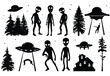 © bleskk - Silhouette of ufo vector. Silhouette of spaceship, christmas trees, aliens vector set
