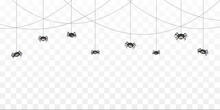 Halloween Spider Border With Funny Insects And Cobweb. Cartoon Black Scary Characters With Eyes Hanging On Strings Down The Tangled Webs. Vector Spinner Personages And Spiderwebs Monochrome Frame