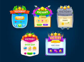 Game victory banner or popup window. Cartoon vector menu screen with information data, golden stars, arrows and ribbons. User interface success achievement award trophy, ui mobile rpg app winner info