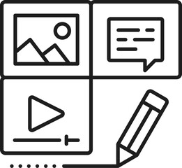 Poster - Content edit, CMS content management system icon, digital media online editor tools, vector line symbol. CMS digital media content network pictogram of photo, video and publication content edition