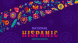 Festival banner of national Hispanic heritage month with tropical flowers and plants, vector background. Hispanic Americans culture, tradition and art heritage in ethnic floral ornament with flowers
