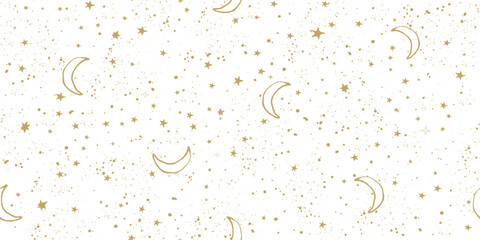 Wall Mural - seamless celestial pattern with golden stars and moon on white sky, astrological boho background for