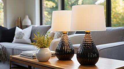 On the sideboard are two Anthracite white ceramic table lamp