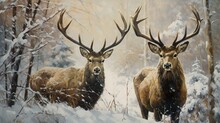 Two Brown, Nordic Reindeer With Large Antlers In A Snowy Forest Landscape, Portait, Oil Painting, Art, Illustration, For Vintage Poster, Wallpaper, Background, Christmas Card