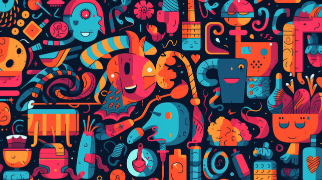Vector doodle art cluttered maximalist pattern