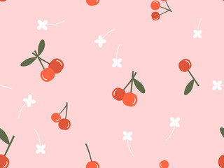 Canvas Print - Seamless pattern of cherry fruit with green leaves and cute flower on pink background vector illustration.