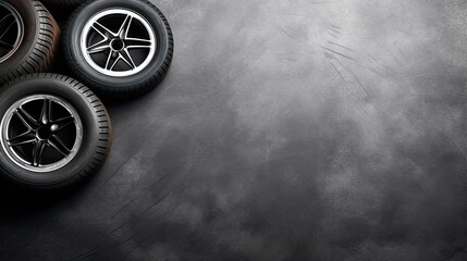 Wall Mural - Car tires on black background. Top view with copy space