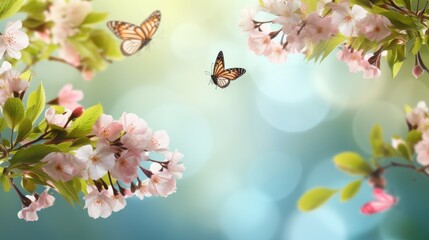 Pink cherry flowers on a blurred background with beautiful bokeh outdoors in nature on a fresh natural green spring background with blossoming sakura branches and fluttering butterflies wide format