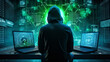 AI-Generated Hacker at Workstation Conducting Cybercrime in Futuristic Setting