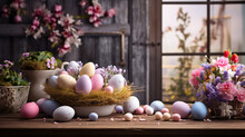 Easter Decoration Wreath Of Flowers And Easter Eggs
