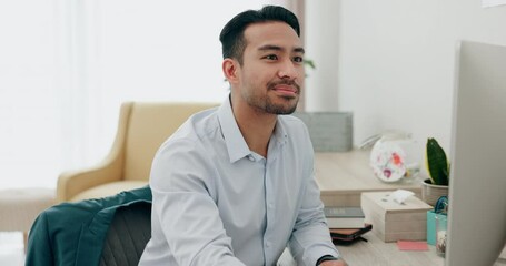 Poster - Computer, research and accountant man typing with smile for a company online website strategy in a startup office. Development, internet and employee planning finance or budget project or proposal