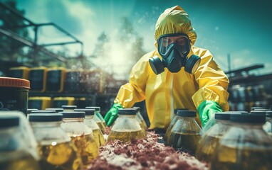 Wall Mural - A person in a chemical protection suit against radiation with radioactive warning handling chemical waste.  generative ai 