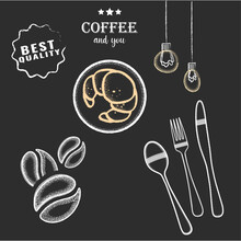 Food And Objects In The Style Of Engraving. Fork, Spoon, Croissant On A Plate, Light Bulbs, Coffee Beans. Coffee House. Vector Illustration