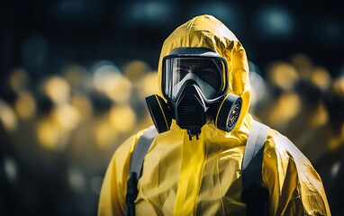 Wall Mural - A person in a yellow chemical protection suit against radiation.  generative ai 