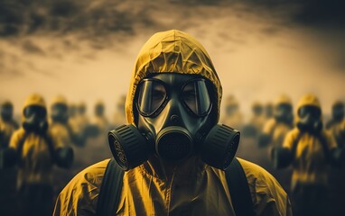 Wall Mural - A person in a yellow chemical protection suit against radiation.  generative ai 
