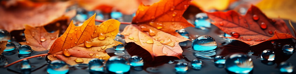 Wall Mural - Colorful autumn leaves with water drops on black background. Autumn concept