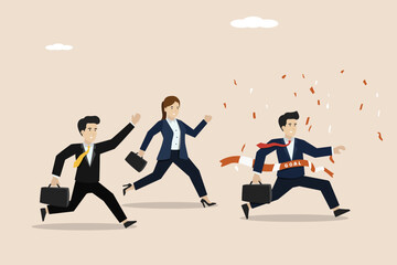Wall Mural - businessman race celebrating victory at finish line, achieving success or achievement, skill in job,