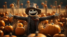 Funny Scarecrow With Outstretched Arms In A Field Full Of Pumpkins