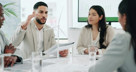 Aufkleber - Wind turbine, meeting and group in office planning document for clean energy and sustainability electricity. Engineering, construction project and architect with eco friendly and biodiversity design