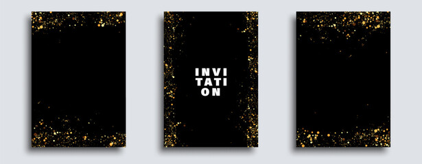 Wall Mural - Collection of black invitations with gold glitter. Invitation, greeting card, poster design templates.