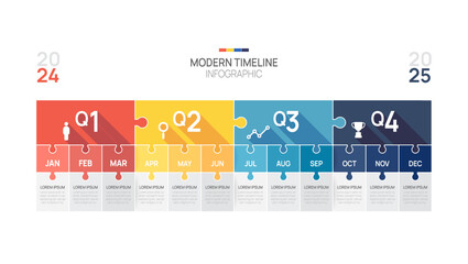 Business road map timeline infographic jigsaw template. Modern milestone element timeline diagram calendar and 4 quarter topics, Can be used for vector infographic