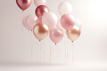 Wall Mural - balloons in rose gold and pink balloon bouquets, in the style of confetti-like dots, light beige and light amber, subtle coloring, light white and light beige, 