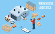 3D isometric automated warehouse robots and Smart warehouse technology Concept with Warehouse Automation System and Autonomous Robot Transportation operation service. Vector illustration EPS 10