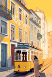 Fototapeta Na drzwi - Illustration of a portuguese city with a tram, Portugal