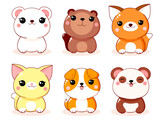 Fototapeta Pokój dzieciecy - Set of cute little cartoon animals in kawaii style. Collection of lovely animal baby. Funny dog, cat, panda, beaver, fox, polar bear. Vector illustration EPS8