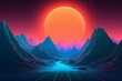 Futuristic neon retrowave background. Retro low poly grid wireframe landscape mountain terrain with set of glowing outrun sun