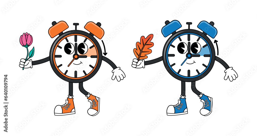 Clock characters with flower and leaf changing to winter and summer ...