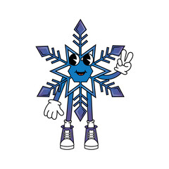 Poster - Snowflake character in 70s cartoon style. Funny character in retro style. Vector illustration isolated on white background